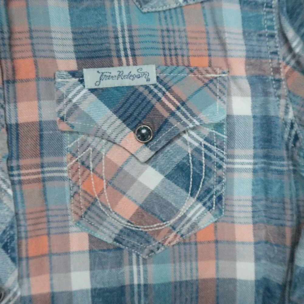 True Religion Shirt Mens Medium Blue Plaid Pearl Snap Western Long Sleeve Plaid